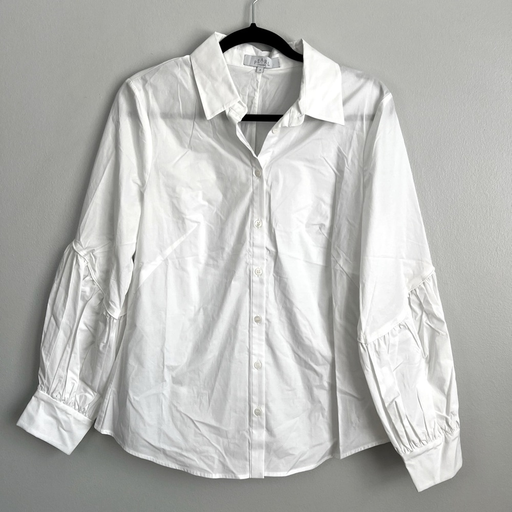 Lela Rose PEARL Size 8 • White Collared Button Down Blouse Top.